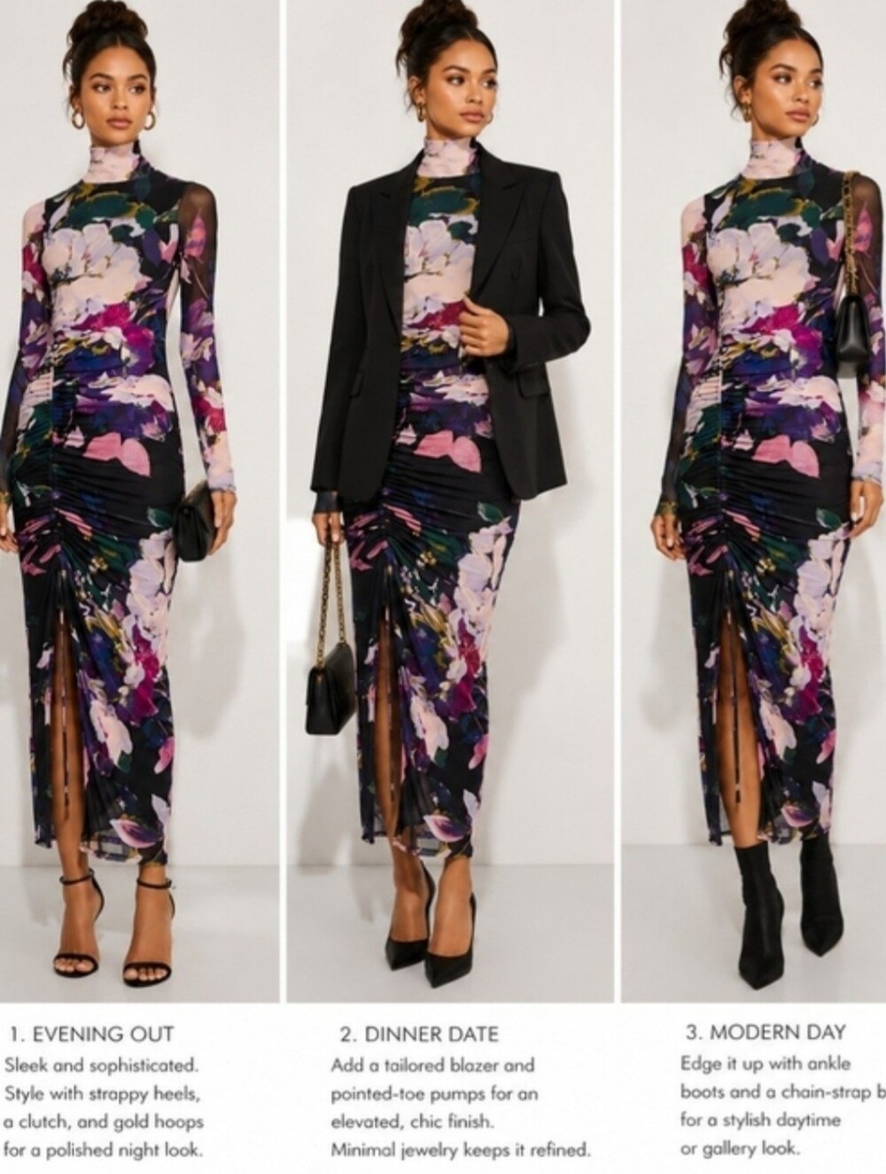NEW Aqua Black Floral Ruched High-Neck Long Sleeve Maxi Dress M